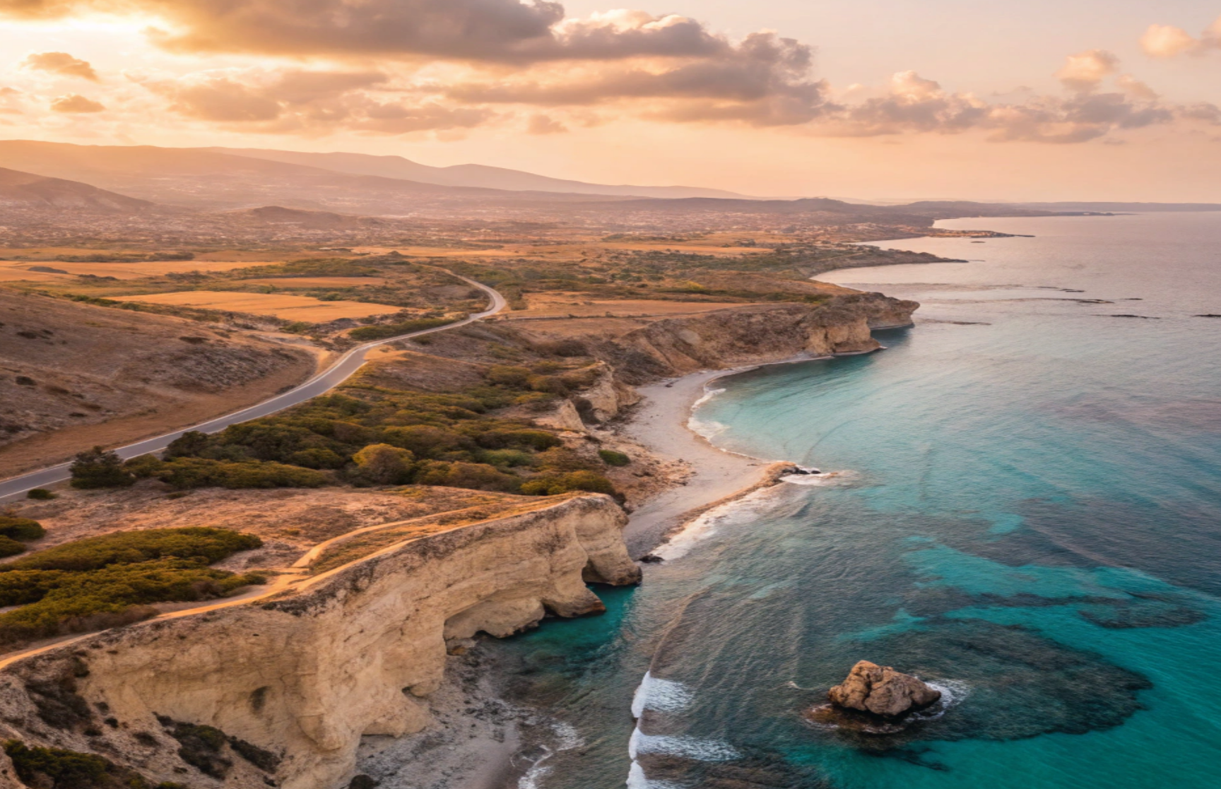 Stunning aerial view of Northern Cyprus coastline at golden hour